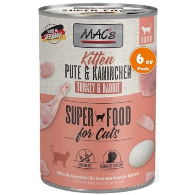 Image of MAC&#039;s Cat Kitten Turkey &amp; Rabbit, 6 x 400 g, Wet Food for Kittens, Balanced, Grain Free Full Food, Special Amino Acid Profile to Support Growth