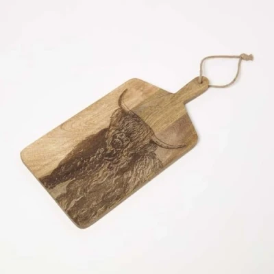 Image of HOMESCAPES Wooden Chopping Board with Highland Cow Design, 25H x 50W 2D cm, Natural Mango Wood, Decorative Serving Charcuterie