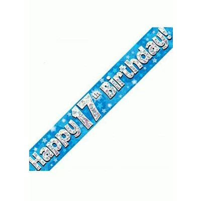 Image of OakTree 624788&quot; Happy 17th Birthday Foil Holographic Banner, Blue, 9 ft