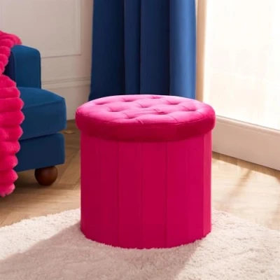 Image of OHS Round Storage Ottoman Matte Velvet, Stool with Lid Space Saving Organising Box for Bedroom Living Room Footstool Hidden Storages, Bright Pink