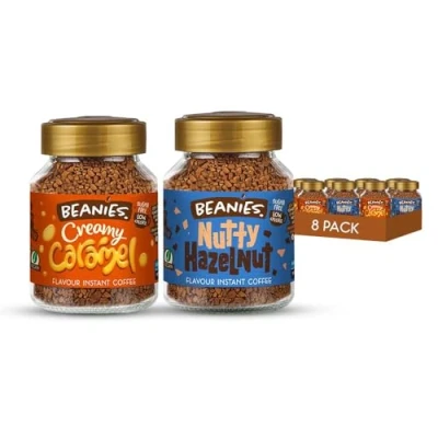 Image of Beanies Creamy Caramel x 4 And Nutty Hazelnut Flavoured Instant Coffee, 400g (50g 8 pack) Delicious, Rich in Flavour, Low Calorie, Sugar Free, Suitable For Vegetarians Vegans