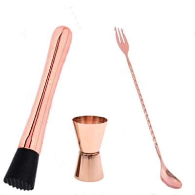 Image of Stainless Steel Cocktail Muddler, Twisted Mixing Spoon with Fork, Double Jigger Set, Bar Tool Essentials Professional Set (Rose Gold)