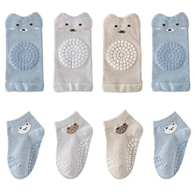 Image of FedMois 4 Pairs Baby Knee Pads for Crawling + Anti slip Socks Cotton, boys, 0 12 Months