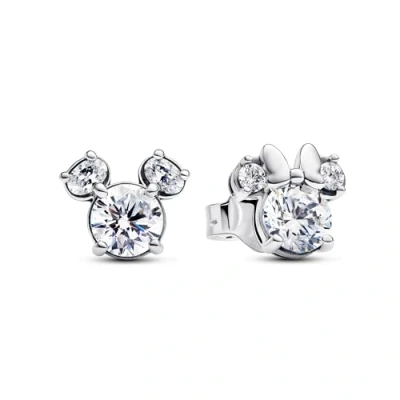 Image of Pandora Disney Mickey and Minnie silhouette sterling silver stud earrings with clear cubic zirconia