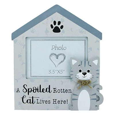 Image of Cat Photo Frame Picture A Spoiled Rotten Lives Here Wooden Grey 3.5x5&quot;