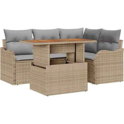 Image of vidaXL 5 Piece Garden Sofa Set with Cushions Beige Poly Rattan Acacia