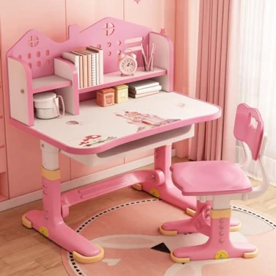 Image of Children Study Desk and Chair Set, Pink Set with Adjustable Height, Drawers Storage, Cartoon Pattern Childs Learning Tables Chairs for Kids, Girls (Rose)