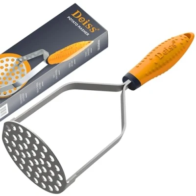 Image of Deiss PRO Heavy Duty Stainless Steel Potato Masher with Non Slip Rubber Handle High Quality Hand Held for Struggle Free Mashing Dishwasher Safe Vegetable and Fruit