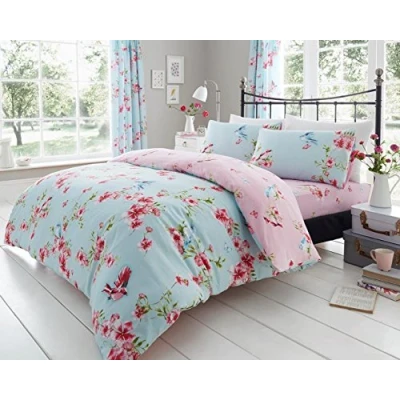 Image of GC GAVENO CAVAILIA Floral Duvet Cover Double, Reversible Botanical Sparrow Quilt Covers Bed Sets With Pillowcases, Premium Birdie Blossom Bedding Set, Blue, 3 Pieces