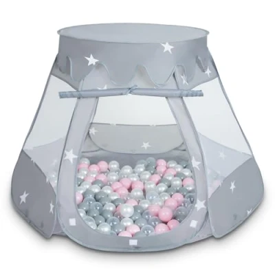 Image of Selonis Play Tent 105X90cm/200 Balls Castle House Pop Up Ballpit Plastic For Kids, Grey:Pearl Grey Transparent Powder Pink