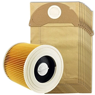 Image of SPARES2GO Cartridge Filter &amp; Dust Bags compatible with Karcher MV2 IPX4 Vacuum Cleaners (Filter + 10 Bags)
