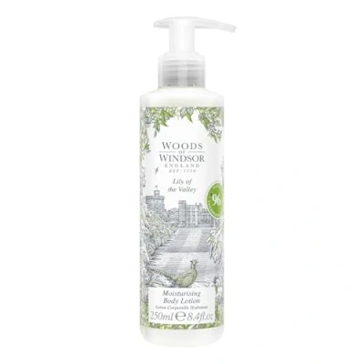 Image of Woods of Windsor Body Lotion, Floral Moisturiser for Women with Notes Geranium and Citrus, Fast Absorbing Cream to Help Soften Moisturise Skin, Lily the Valley Scent 250ml
