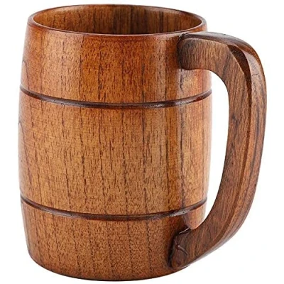 Image of Estink Wooden Beer Mug, 350ml Big Capacity Tankard Pint Handmade Retro Cup Tea Coffee Drinking Mug Brown Classic Design with Handle for Oktoberfest Beerfest, Home, Office