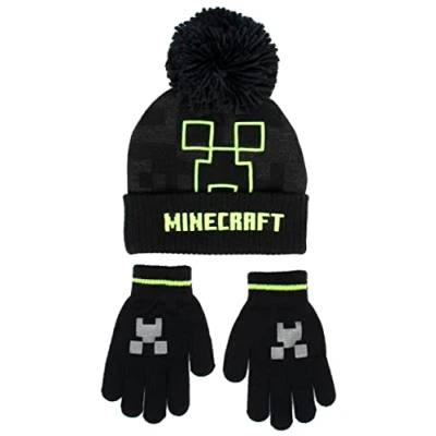 Image of Minecraft Children&#039;s Hat &amp; Gloves Set Black Woolly Creeper Design One Size Fits 6 12 Years Official Merchandise