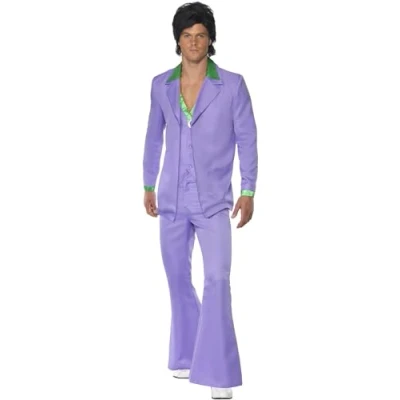 Image of Smiffys Lavender 70s Suit Costume, Purple Jacket with Mock Shirt, Waistcoat &amp; Trousers, 1970&#039;s Disco Fancy Dress, 1970s Dress Up Costumes