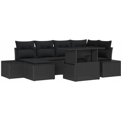Image of vidaXL 7 Piece Garden Sofa Set with Cushions Black Poly Rattan