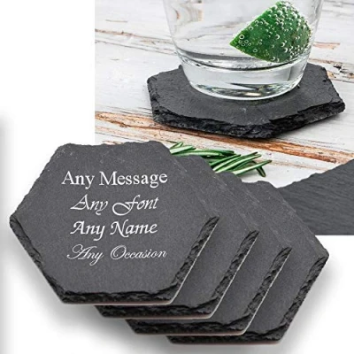 Image of Personalised Engraved Hexagon Natural Slate Drinks Coaster Set of 4