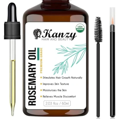 Image of Kanzy Rosemary Oil for Hair Growth 60ml, Pure Organic Blended with Grapeseed Dry Damaged Hair, Beard, Eyebrow &amp; Lash as Itchy Scalp, Massage Skin Care