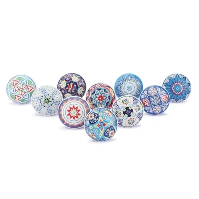 Image of Ajuny Set of 10 Ceramic Knobs Blue Multi Printed Cupboard Door Drawer and Furniture Pulls for Kitchen Cabinets Bathroom Dresser Drawers Handmade Pottery Decorative