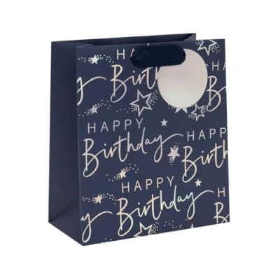 Image of Glick Medium Gift Bag, Happy Birthday Script Blue, 225 x 200 100 mm, Luxury Recyclable Bag for Birthdays &amp; Celebrations