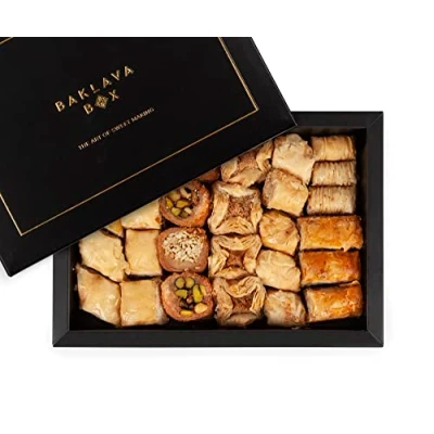 Image of 600g Assorted Baklava Gift Box Black, approx 27 pieces, authentic, traditional arabic baklawa, luxury presentation box, handmade fresh backlava