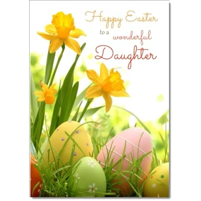Image of doodlecards Daughter Easter Card Daffodils &amp; Eggs Medium Size with Plain Envelope
