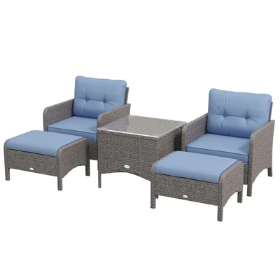 Image of Outsunny 5 Pieces PE Rattan Garden Furniture Set with 10cm Thick Padded Cushions, Wicker Weave Outdoor Seating Chairs 2 Armchairs, Stools, Glass Top Table, Blue
