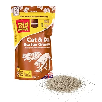 Image of The Big Cheese Cat and Dog Scatter Granules 750 g, Natural/Biodegradable Humane Treatment Deterrent, Protection for Gardens Covers 250 m2, Ready to Use
