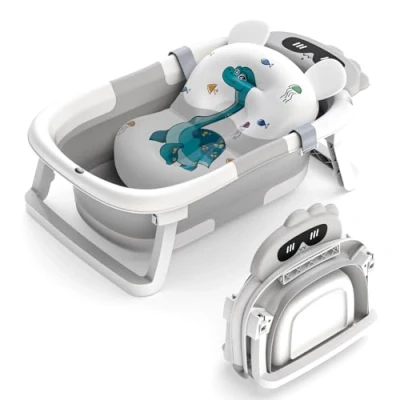 Image of Foldable Baby Bath Tub,Baby Essentials for Newborn Bathtub with Non Slip Support Cushion Travel Portable Collapsible Newborns 0 24 Months Infants and Toddler(Grey)