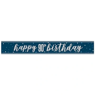 Image of Unique 82557 Foil Happy 90th Banner 2.74 m Glitz Blue Birthday Party 1 Count (Pack of 1), Multicolour