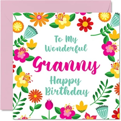Image of Fun Birthday Cards for Granny Wonderful Female Cute Happy Card from Grandson Granddaughter, Special Gifts, 145mm x Floral Greeting