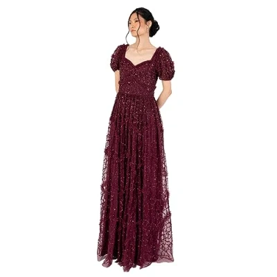 Image of Maya DeluxeWomens Maxi Dress Ladies Embellished Frilly Sweetheart Neckline Short Sleeve for Wedding Guest Bridesmaid Prom Ball Gown, Wine, 18