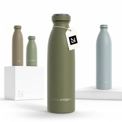 Image of LARS NYSØM Stainless Steel Insulated Water Bottle 12oz 17oz 25oz 34oz 51oz Thermo Flask for Hot and Cold Beverages Leakproof Drinking (Olive Green, 500ml)