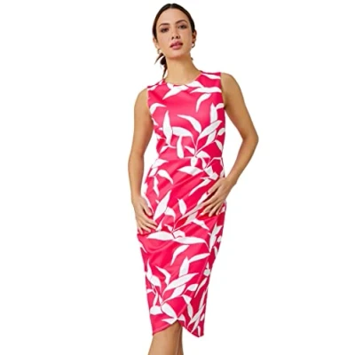 Image of Roman Originals Ruched Waist Dress for Women UK Ladies Side Pleat Winter Autumn Textured Fitted Shift Pencil Smart Lined Stretchy Jersey Work Knee Length Round Neck Cerise Size 16