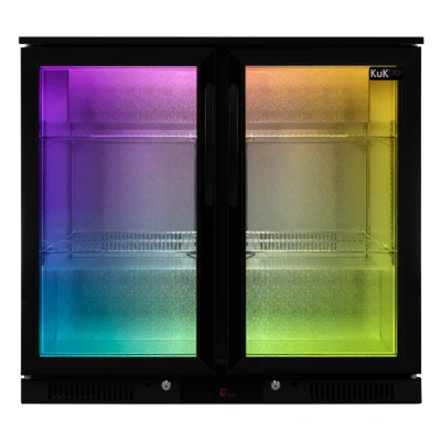 Image of Back Bar Fridge Cooler 208L Capacity Commercial Hinged Double Door Self Closing Under Counter Black Chiller 112 x 500ml Bottles Beer Wine 4 Adjustable Shelves Colour Changing LED Lights 7 Colours