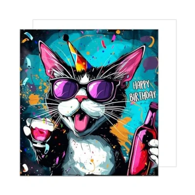 Image of Edition Seidel Premium Square Birthday Card with Envelope. Greeting Happy For Him or Her Female Male Friend Mum Dad Daughter Son Colleague Cool Cat (GQ221 SW024)