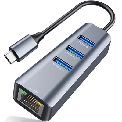 Image of Ethernet to USB C Adapter, ABLEWE 4 in 1 Aluminum with 3 3.0 Ports, for MacBook Pro 2019/2018/2017, Chromebook, Linux, and More Type Devices