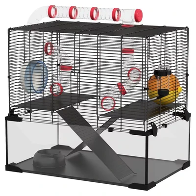 Image of PawHut Large Hamster Cage for Dwarf Rat Gerbil with Deep Glass Bottom, Tunnels, Non Slip Ramps, Platforms, Hut, Exercise Wheel, Water Bottle, Dish, 60 x 40 57cm