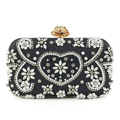 Image of SCOFY FASHION Vintage Floral Beaded Clutch Bag Ladies Sparkly Purse Prom Wedding Pearl Evening Bridal for Women Party Handbag (Black)