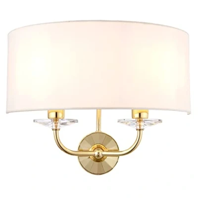 Image of Kennedy Modern Brass Twin Wall Light Fitting with Crystal Detail and White Fabric Shade