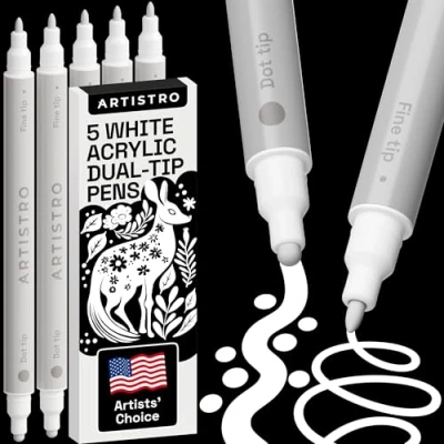 Image of ARTISTRO 5 White Acrylic Paint Pens, Art Set Markers Dual Tip (Fine 1mm + Dot 5mm), Fabric for Textile, Canvas, Rock, Glass, Wood, Paper, DYI, Kids