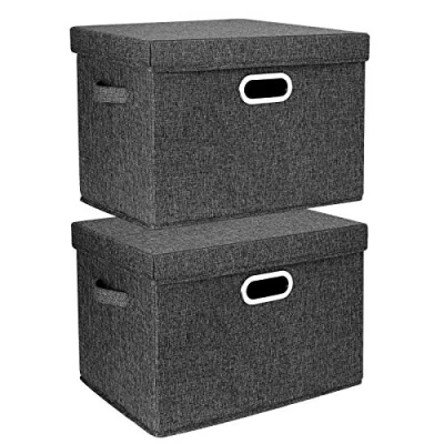 Image of TYEERS Large Storage Box with Lid, Collapsible, Washable, Fabric for Clothes, Wardrobe Storage, 44x30x29 cm, Set of 2, Black