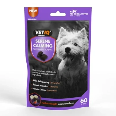 Image of VETIQ Serene Calming Supplement Chews for Dogs and Puppies, Tablet Strength Bite sized Chew Supplements Help Reduce Stress, Separation issues &amp; Hyperactivity. Calms without Sedation 230 g (Pack of 1)