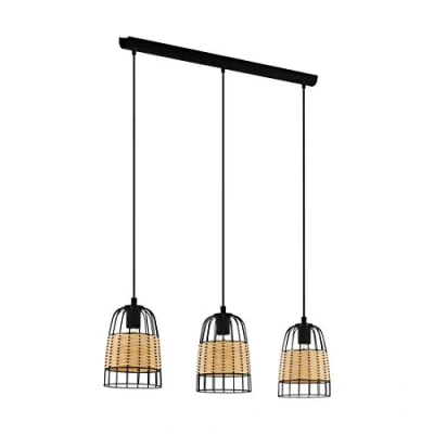 Image of EGLO Anwick Pendant Light, 3 Bulb Vintage Boho Light Made of Steel and Rattan, Dining Table Lamp, Living Room Hanging in Black, Natural, E27 Socket