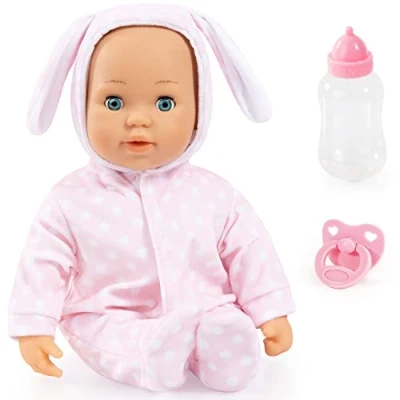 Image of Bayer Design 93822AA Interactive baby doll Anna, soft body, sounds, closing eyes, pacifier, bottle, 15 inch, pink with dots