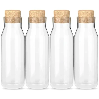 Image of HEFTMAN Glass Carafe Bottles 4 Pack 1 litre with Cork Lid, Clear Bottle for Hot &amp; Cold Beverages, Reusable Fabric Softener Jars, Laundry Detergent Storage Stoppers