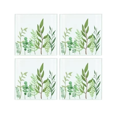 Image of Green Leaves Coaster Set Square Glass Foliage Print of Four (4) Coasters