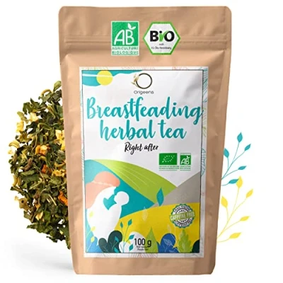 Image of ORIGEENS Organic BREAST FEEDING BABY tea 100g Breastfeeding and Digestion Hot/Iced Herbal lactation with Fenugreek seeds, Ginger, Turmeric &amp; Lemon, Nettle, Moringa
