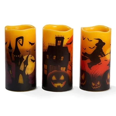 Image of THE TWIDDLERS Set of 3 Real Wax Flameless Halloween Candles LED Battery Operated Flickering Pillar for Spooky Indoor &amp; Outdoor Decor