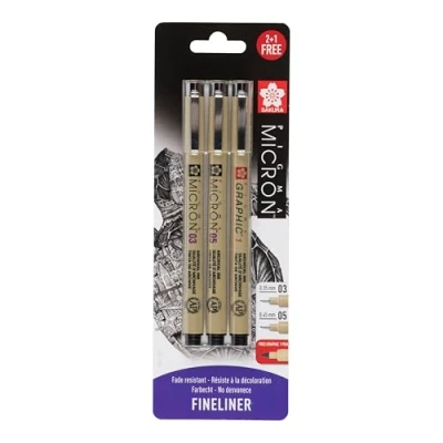 Image of SAKURA Pigma Micron Pack of 3 Size 03, 05 &amp; Graphic 1, Black, Stifte, BLXSDK3CS